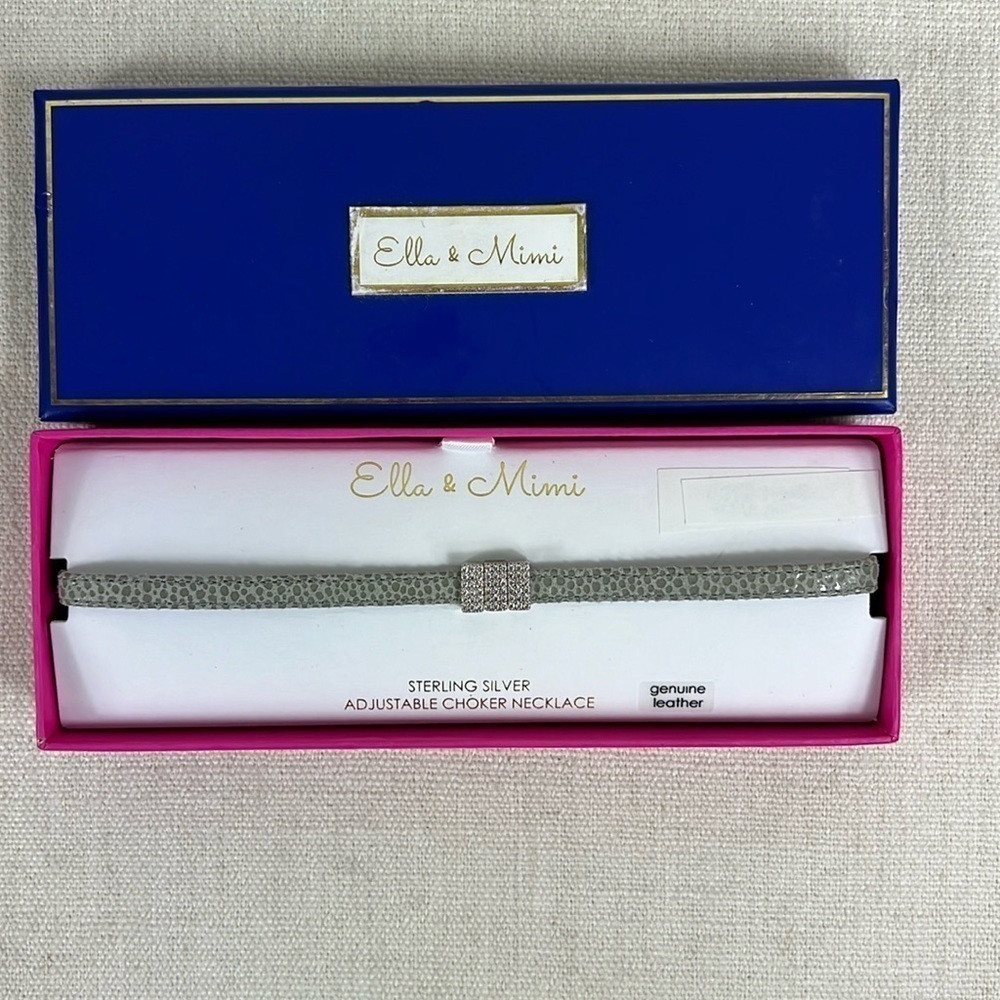 925 Sterling Silver Ella & Mimi Choker Necklace Grey Genuine Leather Adjustable
